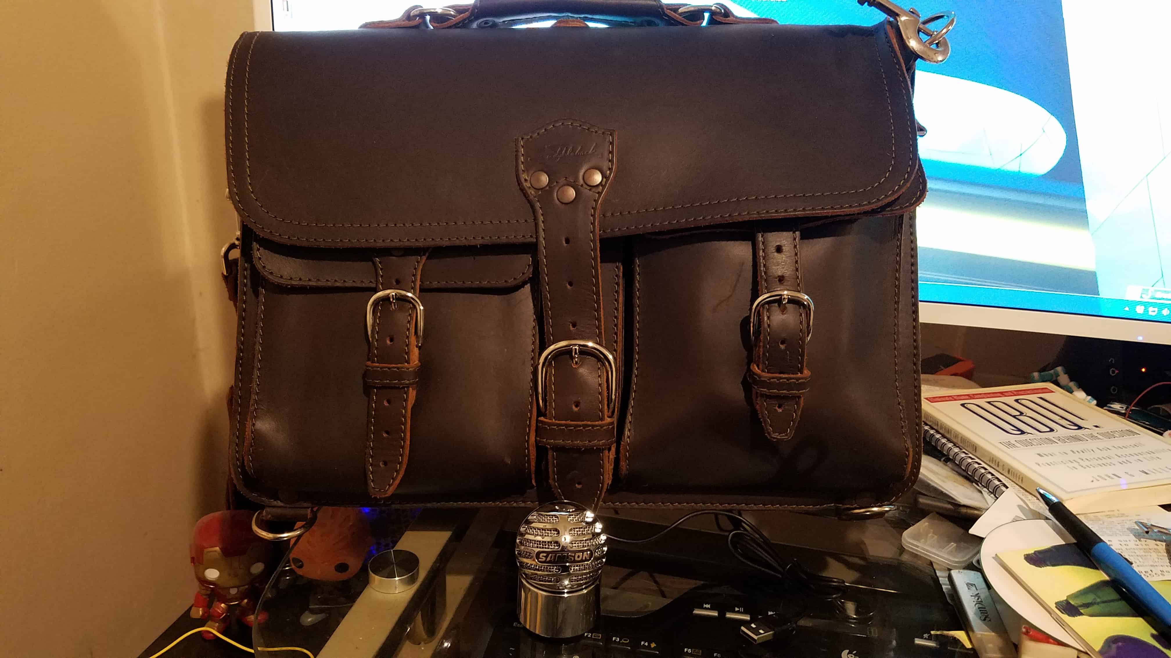 Saddleback Leather Thin Front Pocket Briefcase with Samson Meteorite microphone