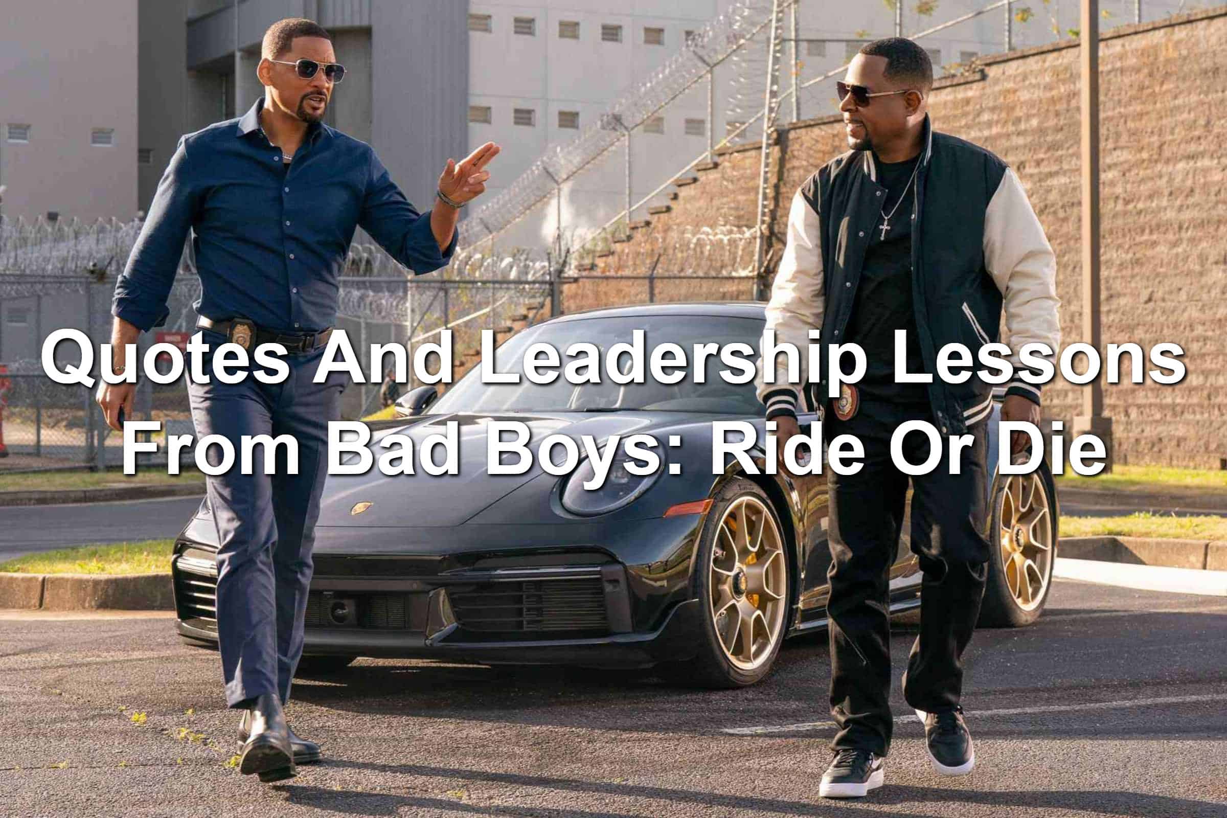 Two men standing in front of a fancy sports car. Scene from Bad Boys: Ride Or Die. Martin Lawrence and Will Smith