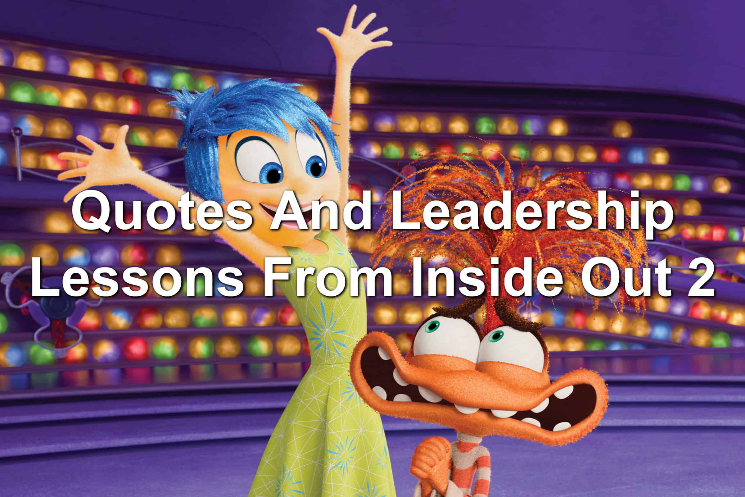 Joy (a blue-haired woman) and Anxiety (a creature with a worried expression) with colored balls behind them. Scene from Inside Out 2.