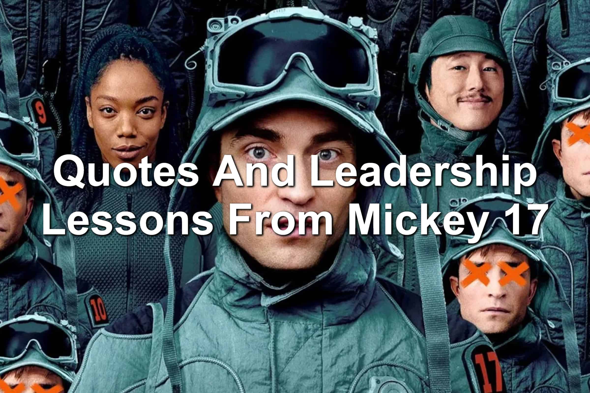 Robert Pattinson as Mickey in Mickey 17. Man in a green uniform with protective glasses.