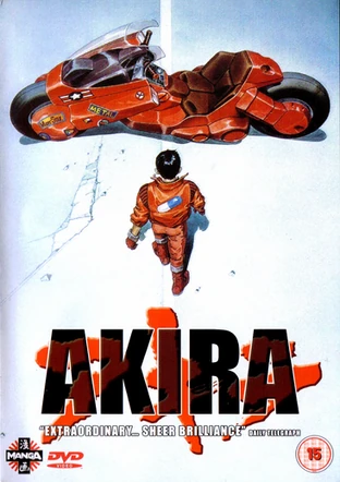 Cover to Akira. Boy in red walking toward a red, futuristic motorcycle