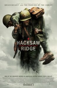 Cover to the movie Hacksaw Ridge. Man in military uniform carrying a fellow soldier over his shoulders