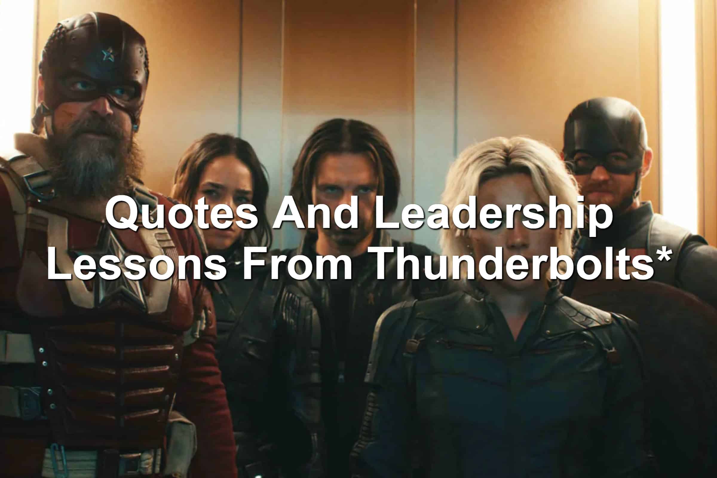 Cast of Thunderbolts* in elevator. Group of superheroes