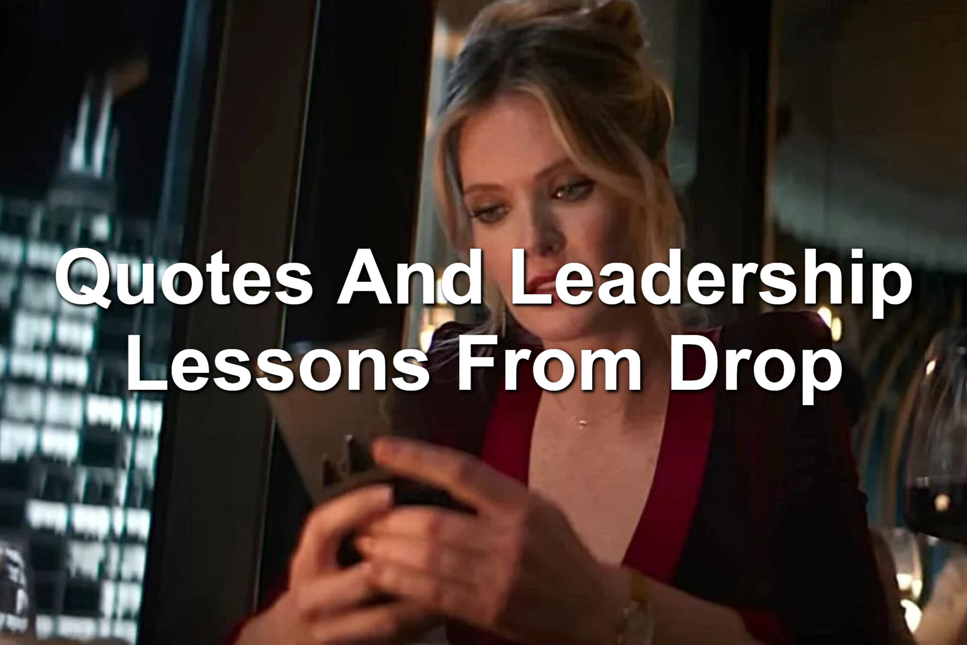 Woman in a red dress on her cell phone. Scene from the movie Drop