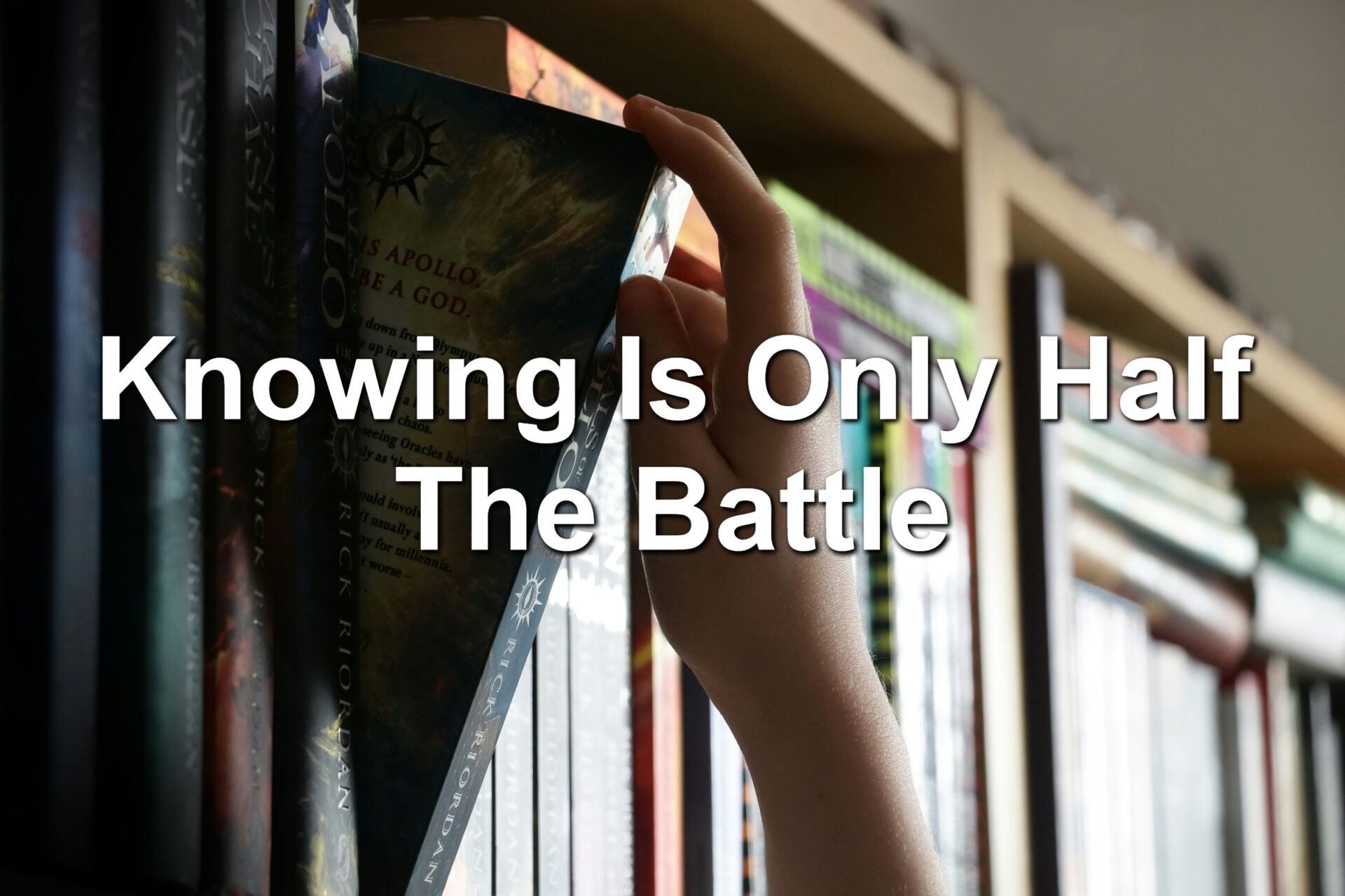 A person pulling a book down from the shelf