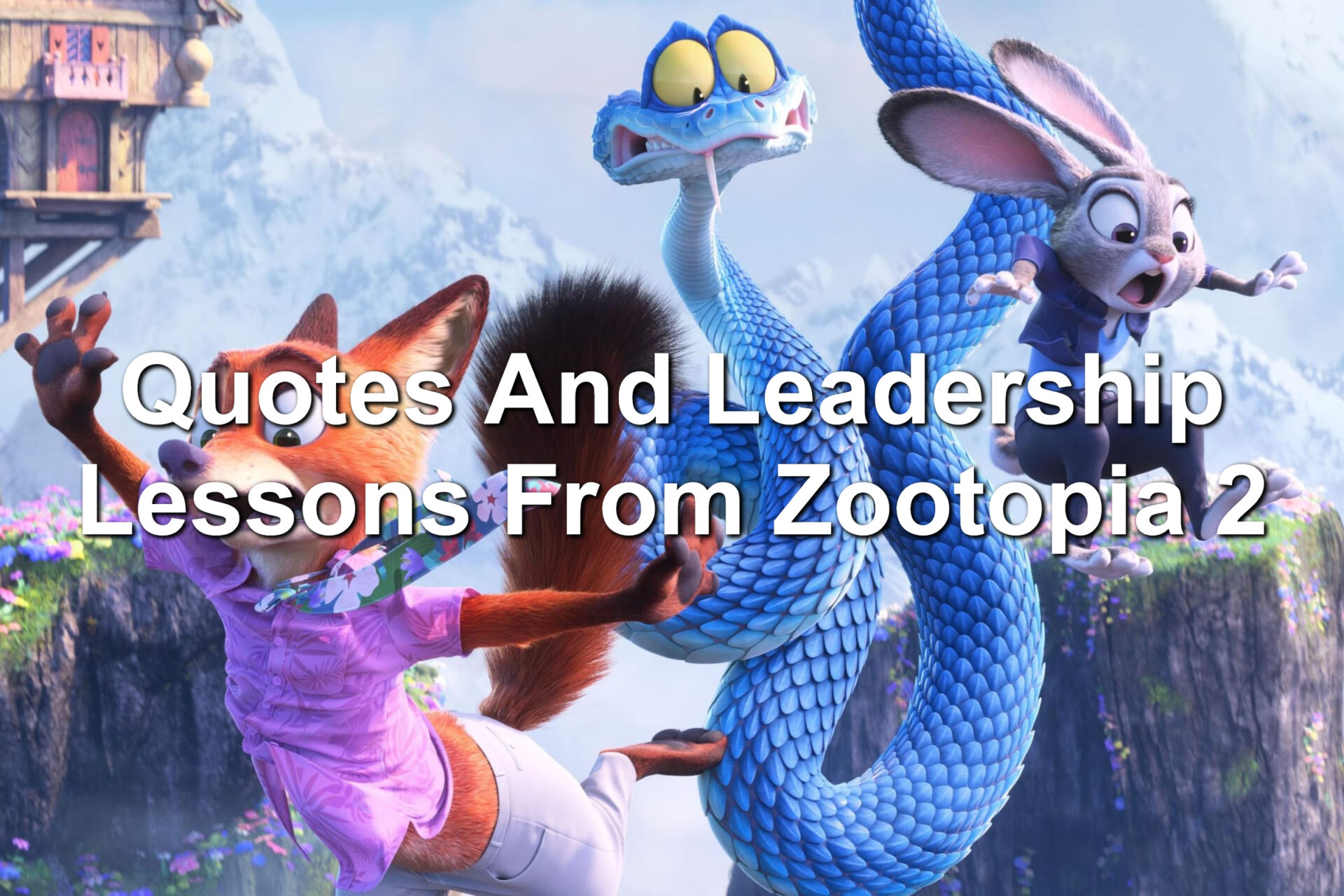 An animated fox, snake, and rabbit. A scene from the Disney film Zootopia 2