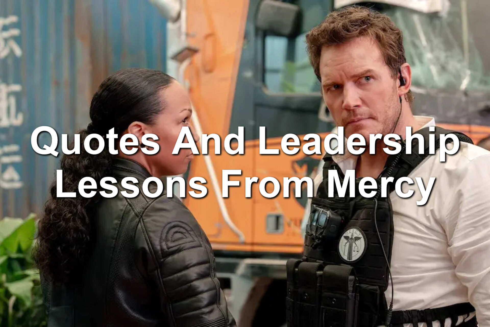 Two people standing in front of a yellow vehicle. One is a man, the other a woman. Scene from the movie Mercy
