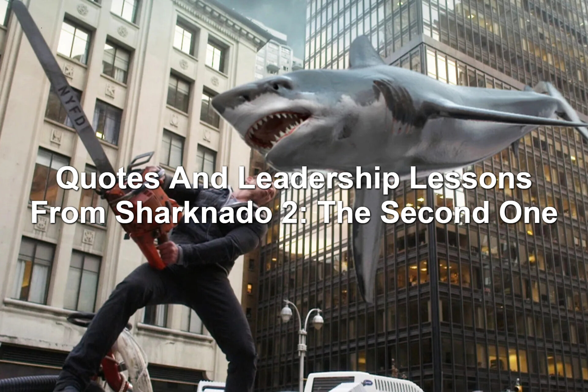 Man with a chainsaw cutting a shark in half. Scene from Sharknado 2: The Second One