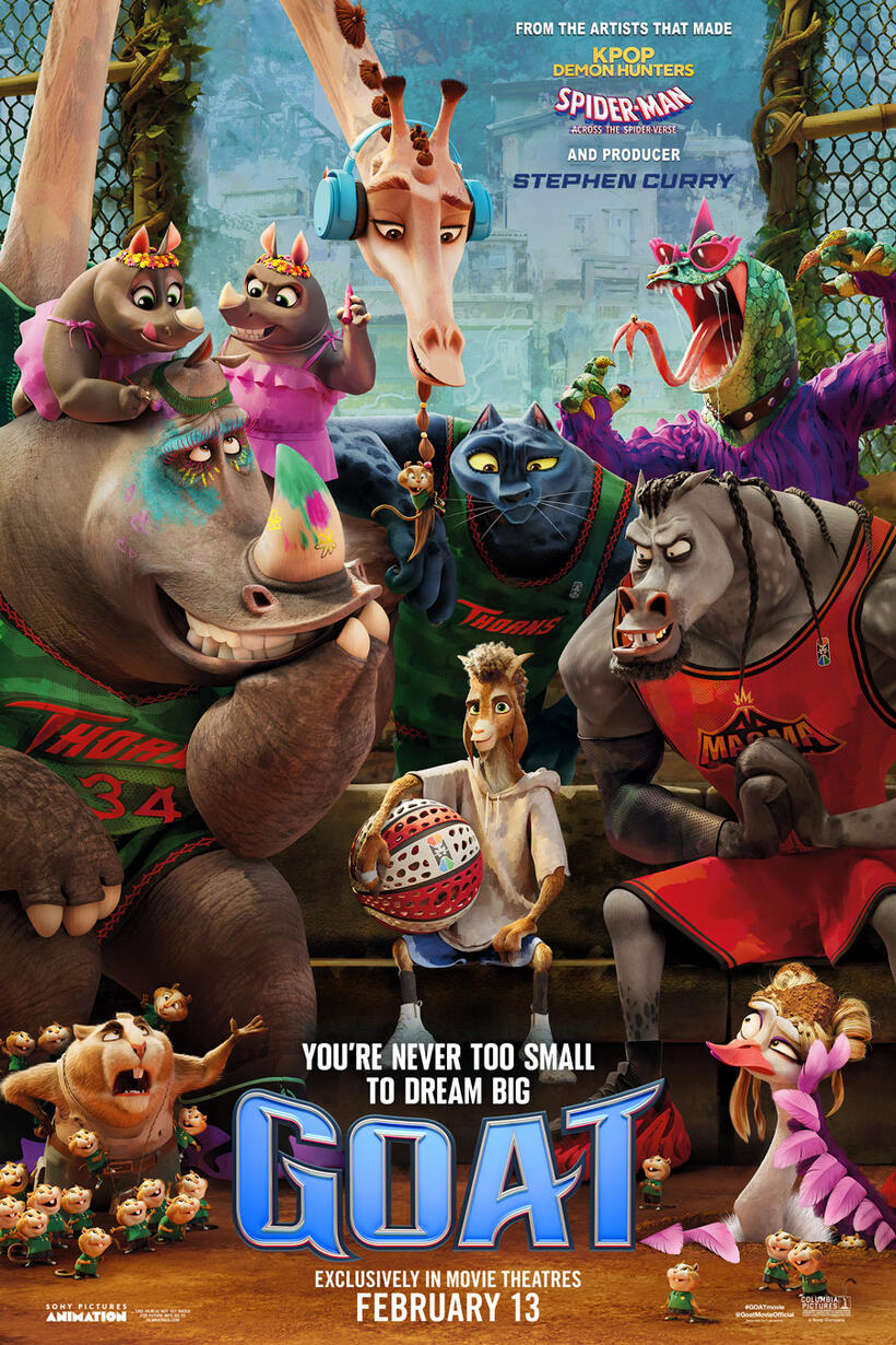 Promo poster for the movie Goat. Various animals playing a version of basketball called Roarball