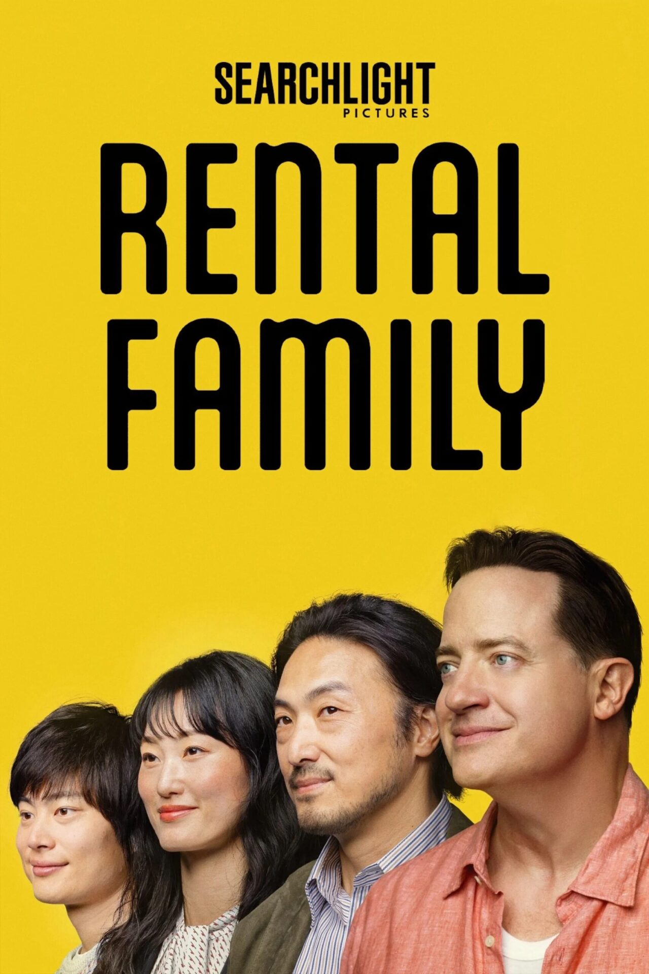 A yellow background with 4 faces on it. Three are Japanese, one is American.