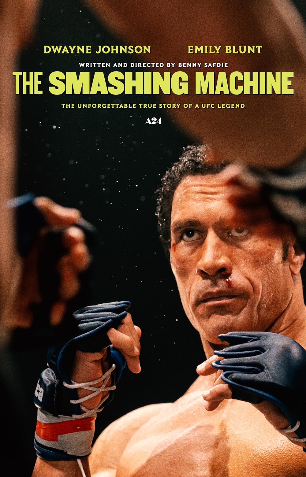 Movie poster for The Smashing Machine. Mark Kerr, a man with dark hair, has his fist raised in a fighting position.