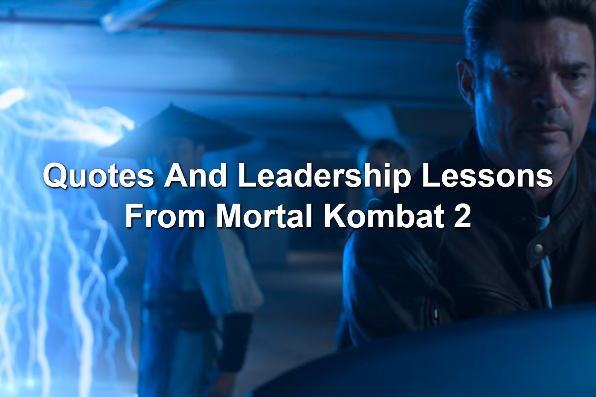 Scene from Mortal Kombat 2. Johnny Cage, Sonya Blade, and Lord Raiden are in a parking garage. Raiden has summoned a lightning portal.