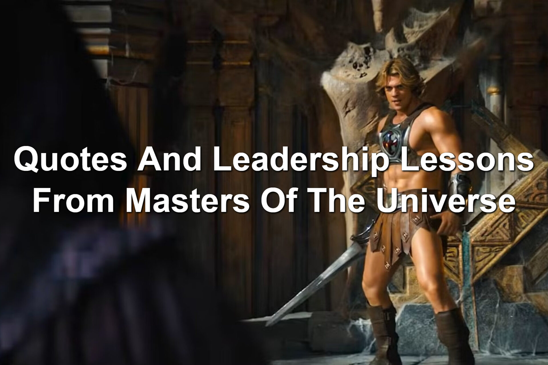 He-Man holding his sword, facing off against Skeletor.