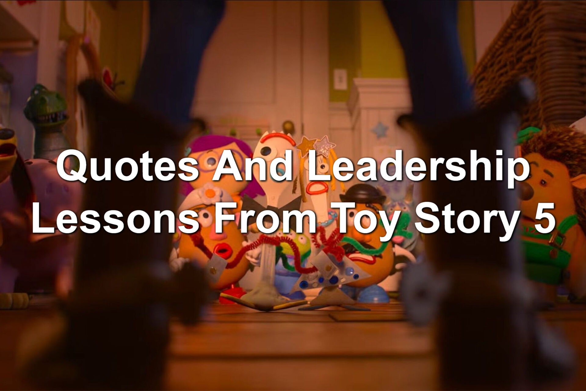 Cowboy legs with toys between them. Scene from Toy Story 5.