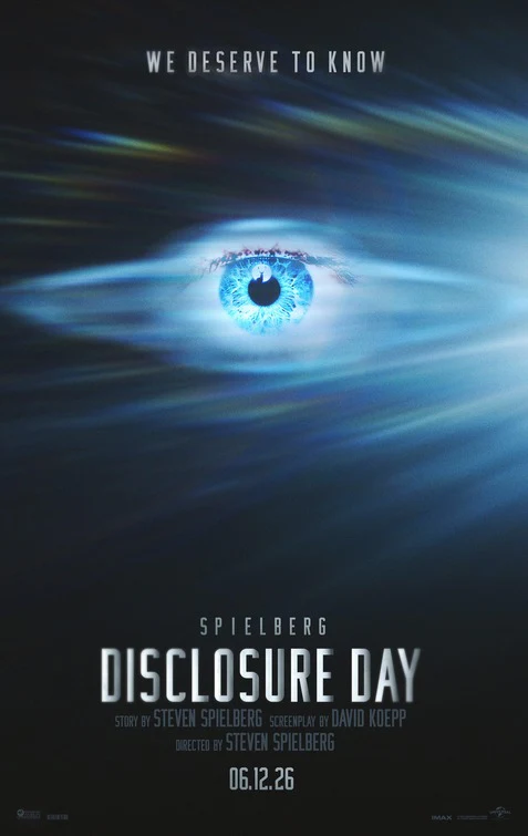 Movie poster for Disclosure Day. A blue eye floating in the middle of the image.